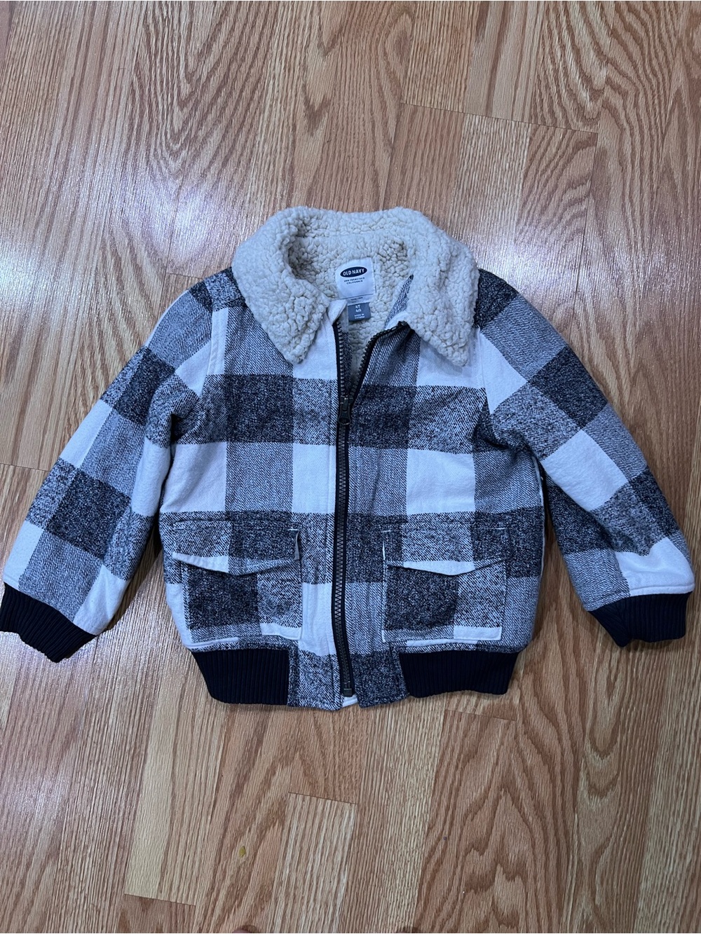 Old Navy Black & White Buffalo Plaid Sherpa Collar Kids Jacket